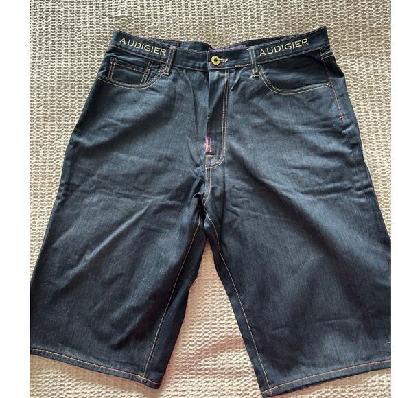 Vintage VTG Christian Audigier Embroidered Buddha Dark Denim Shorts 37" waist - Picture 3 of 7